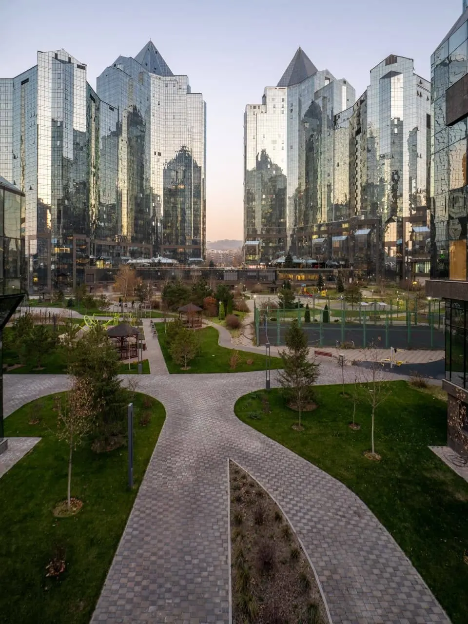 Modern residential complex with park